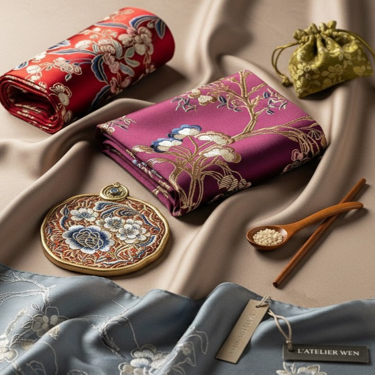 Zoom sur une soie naturelle L'Atelier Wen, aux reflets doux et à la trame fine, exprimant le luxe et la sensorialité.